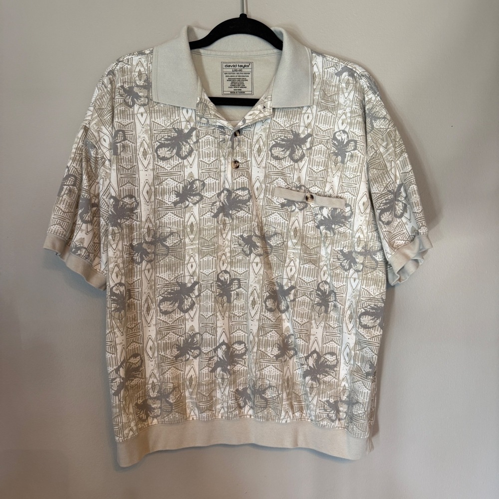 Vintage 90s David Taylor Mens Tropical Palm Leaf Print Button Up Polo Shirt L